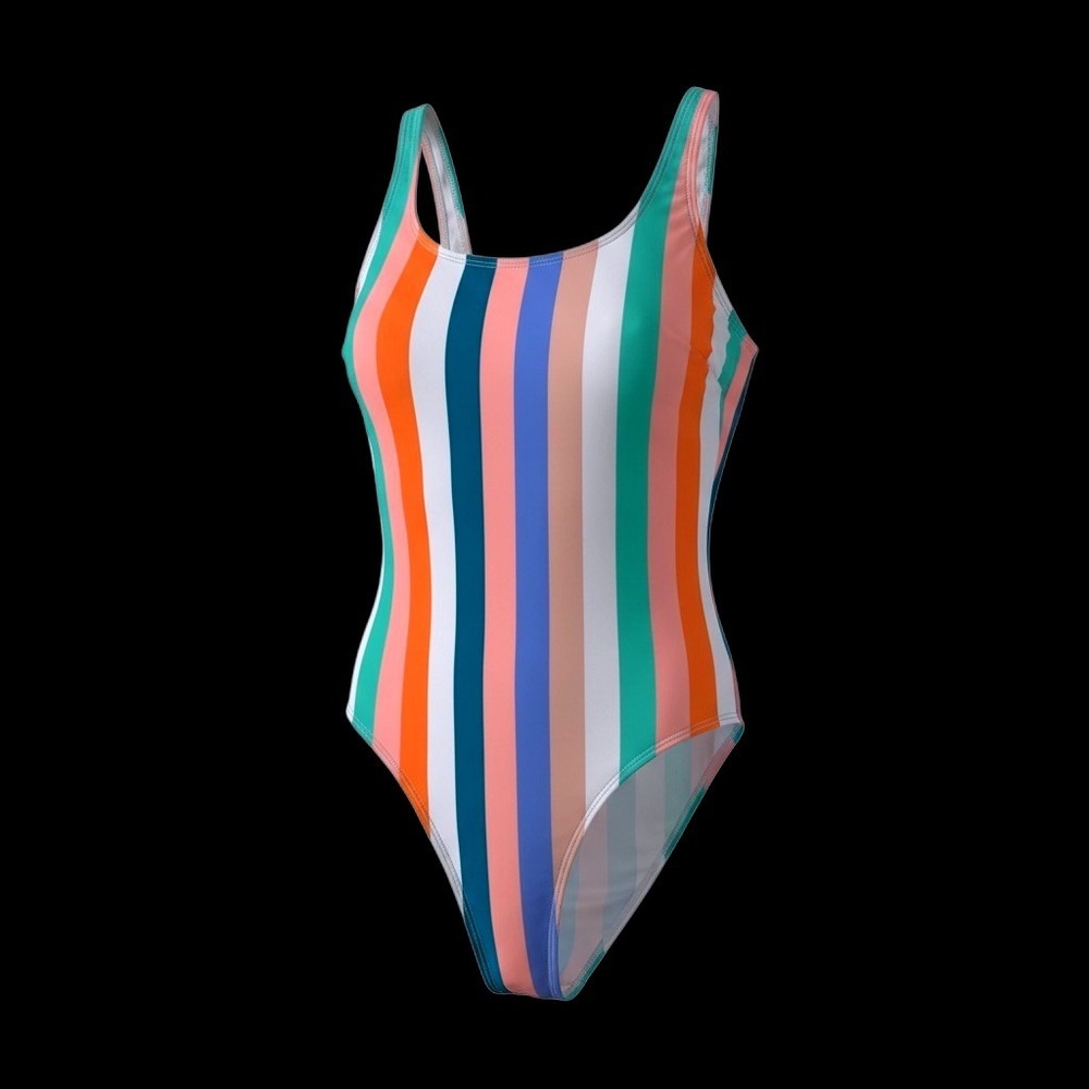 Multicolor Vertical Stripe One Piece Swimsuit Scoop Neck Shelf Bra Womens Medium